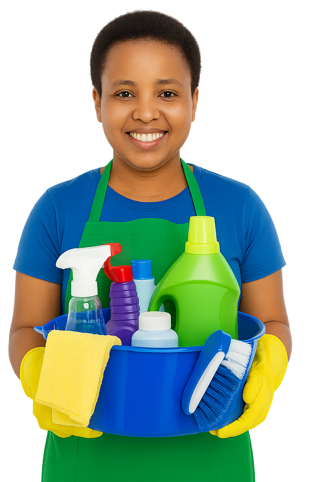 Professional cleaner holding mop and bucket